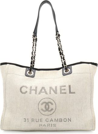 Chanel Black Light Gray White Raffia Shoulder Bag Tote Bag (Pre-Owned)
