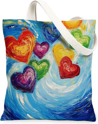 Generic Artistic Hearts Canvas Tote Bags, Colorful Heart Design Reusable Grocery Bags, Vintage Lightweight Washable Shoulder Strap for Travel 13x15 Inch
