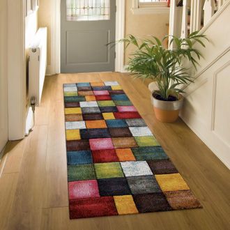 Paco Home Paco Home - Alfombra Sal&oacute;n Pelo Corto Dise&ntilde;o Cuadros Colorida Cuadrados Multicolor Alegre 80x300 Cm