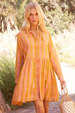 Oliphant Long Sleeve Shirt Dress In Cabana Coral