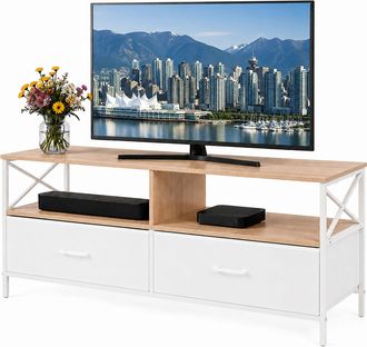 Relaxdays Relaxdays Mueble Tv Bajo Blanco Efecto Madera Con Cajones De Tela, Mdf Y Metal, Almacenamiento Multimedia, 50x120x40 Cm