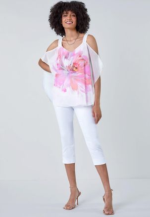 Roman Floral Print Cold Shoulder Overlay Top