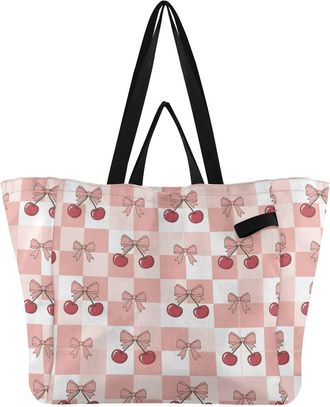 Generic Cute Cherries Bows Pink print Reusable Canvas Tote Bag, Heavy Duty Grocery Shopping Bag with Double Handles Hard Bottom Large Capacity Work Groceries 