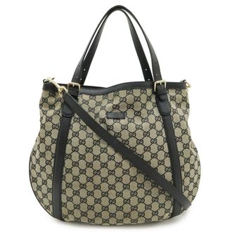 Gucci Beige Black Gg Canvas Leather Shoulder Bag Tote Bag (Pre-Owned)