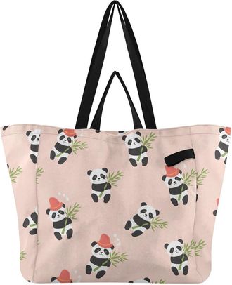 Generic Panda Leaves Beige print Reusable Canvas Tote Bag, Heavy Duty Grocery Shopping Bag with Double Handles Large Capacity Hard Bottom Work Groceries Trave