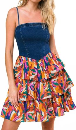 Flying Tomato Denim Printed Woven Midi Dress In Blue Multi