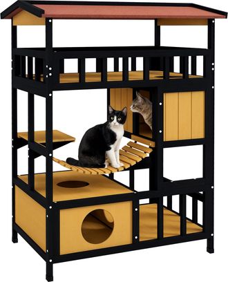 OEM Casa Para Gatos De 4 Niveles 84x60x116 Cm Refugio Para Gatos Con Puente Colgante Balc&oacute;n Y Techo Asf&aacute;ltico Natural