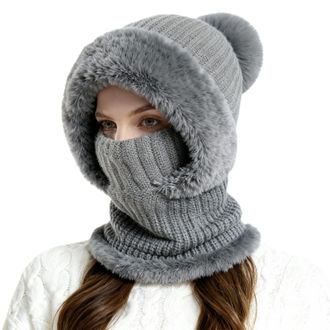 Generic 3 in 1 Hat for Women Winter Cap with Neck Warmer Scarf Mask Hats for Outdoor Skiing Hiking Winter Snow Caps Plush Hat Grey