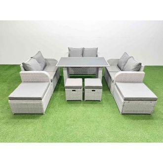 Fimous Fimous 10 Seater Patio Garden Furniture Sets with Black Glass Top Dining Table Love Sofa 2 Side Tables 4 Stools Light Grey
