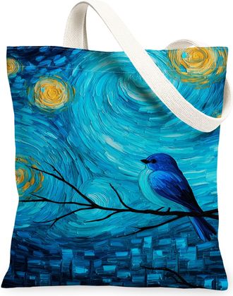 Generic Artistic Blue Bird Canvas Tote Bags, Vintage Starry Night Pattern Reusable Grocery Bags, Lightweight Washable Shoulder Stra, Blue, 13x15 Inch