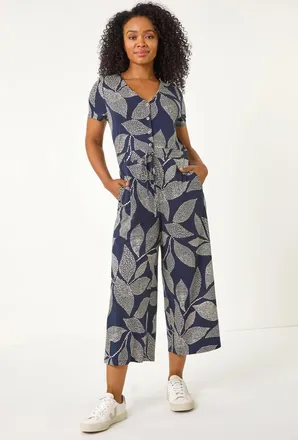 Roman Leaf Print Stretch Jumpsuit