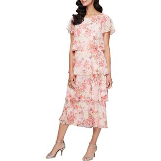 S.L. Fashions Tiered Floral Cocktail Midi Dress in Peach Multi at Nordstrom, Size 12P