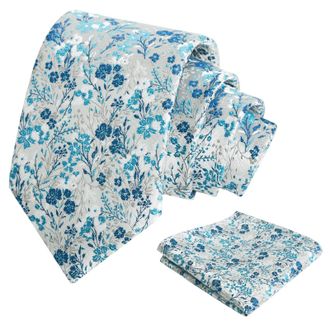 Alizeal Mens 8cm Colorful Floral Necktie and Pocket Square Classic Wedding Tie and Hanky Set, Turquoise+Teal