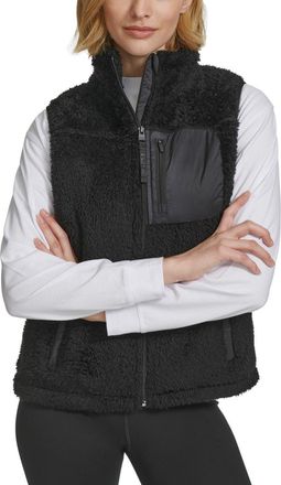 Calvin Klein Performance Sherpa Vest Women Black Mock Neck Full Zip FTS602