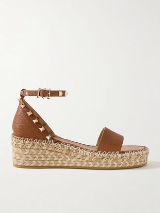 Valentino Garavani Espadrillas In Pelle Testurizzata Con Zeppa Rockstud 55 - Marrone