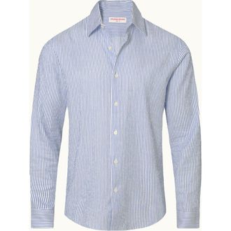 Orlebar Brown Giles Tailored Fit Linen Shirt in Bergamo Blue Stripe at Nordstrom, Size Xx-Large