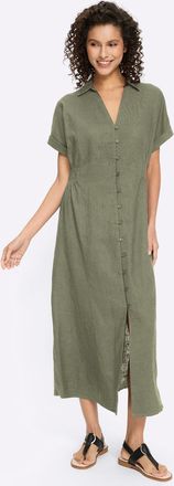 Heine Sommerkleid HEINE Kleid, Damen, Gr. 34, Normalgr&ouml;ssen, khaki, 55% Leinen, 45% Viskose, unifarben, lang, V-Ausschnitt, Kleider Sommerkleid