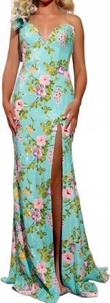 Jovani Floral One-Shoulder Gown With High Slit In Blue Multi