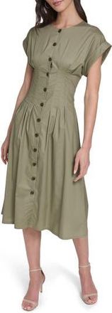 Calvin Klein Pintuck Fit and Flare Shirtdress in Light Olive at Nordstrom Rack, Size 10