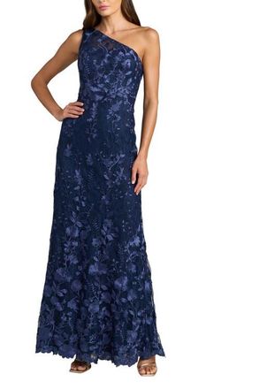 Mac Duggal One Shoulder Lace Embroidered Gown in Midnight Multi at Nordstrom, Size 10
