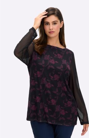 Sheego Langarmshirt SHEEGO Langarm-Shirt, Damen, Gr. 40/42, schwarz (schwarz, bedruckt), 96% Polyester, 4% Elasthan, bedruckt, gemustert, mehrfarbig, U-Boot-