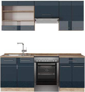 Vicco Cucina componibile Fame-Line, Blu scuro lucido/rovere dorato, 200 cm senza piano di lavoro