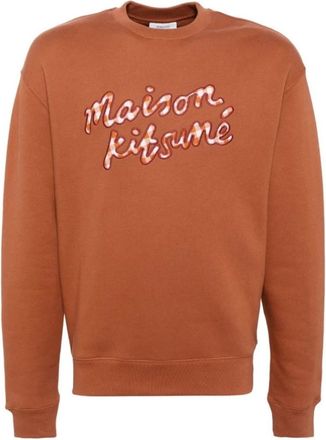 Maison Kitsun&eacute; Hoodies & sweatvesten, Heren, Bruin, L, Katoen, Bruin Handschrift Gingham Sweatshirt