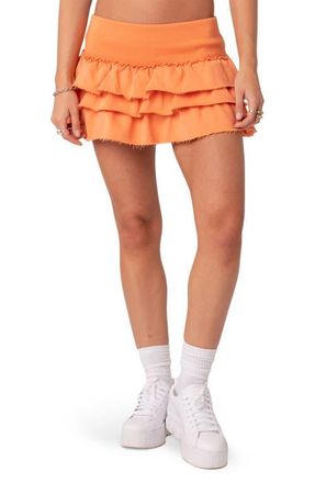 Edikted Martina Tiered Ruffle Stretch Cotton French Terry Skirt in Orange at Nordstrom, Size X-Small