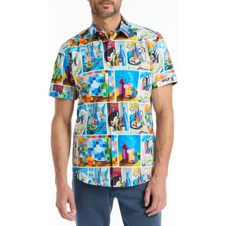 Robert Graham Wine & Dine Short Sleeve Cotton Button-Up Shirt in White/Blue Multi at Nordstrom Rack, Size X-Large