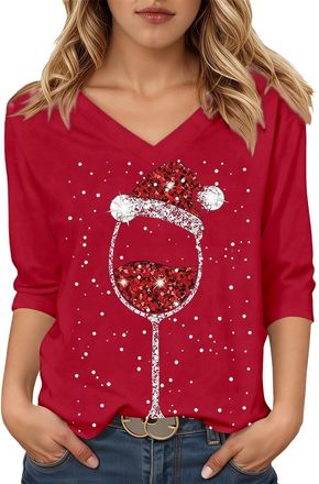 Generic 2026 Christmas Shirts for Women UK Funny Red Wine Glass Graphic Xmas Jumpers Cute Snowflake Print Ladies Tshirts Cotton 3/4 Length Sleeve Womens Tunic