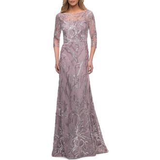 La Femme Sequin Lace Long Dress with Sheer Sleeves in Mauve at Nordstrom, Size 20