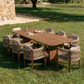 Sklum Set De Mesa Rectangular 265x120 Cm Siena Y 8 Sillas De Jard&iacute;n Con Reposabrazos En Madera De Acacia Y Cuerda Trenzada Serel Sklum
