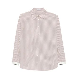 Brunello Cucinelli Monile Gestreept Shirt met Manchetten - Dames - Blouses & Shirts - Beige - Maat: XS Katoen