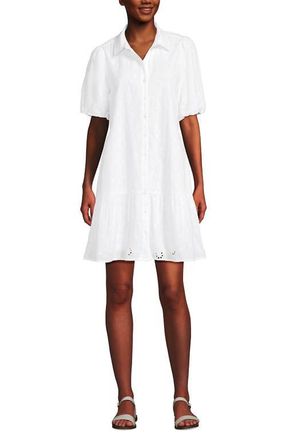 Lands End Elbow Sleeve Eyelet Knee Length Shirt Dress in White Floral Eyelet at Nordstrom, Size X-Large