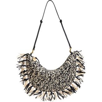 Clare Vivier Lune Fringed Raffia Shoulder Bag in Black/Cream Raffia W/Fringe at Nordstrom Rack