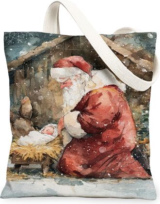 Generic Christmas Santa Canvas Tote Bags, Holiday Art Design Reusable Grocery Bags, Winter Vintage Lightweight Washable Shoulder St, Red, 13x15 Inch