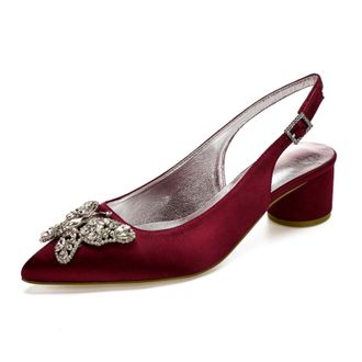 Generic Womens Chunky Heels Pointed Toe Wedding Shoes Satin Low Heels Elegant Bridal Slingback Party Evening Dress Shoes 4.5Cm,Burgundy,3 UK