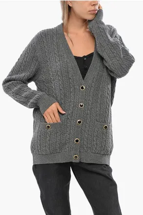 Alessandra Rich Cardigan Oversize In Lana a Trecche con Bottoni Gioiello taglia 38