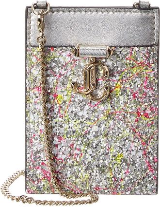 Jimmy Choo London Jc Logo Glitter & Leather Card Holder On Chain