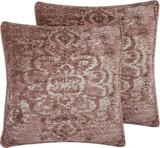 Beliani Set of 2 Decorative Cushions Pink Oriental Pattern 45 x 45 cm Distressed Vintage Glamour Decor Accessories VAKAYAR