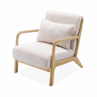 Sweeek Sill&oacute;n escandinavo de madera y tela borreguito, blanco