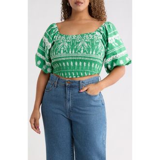 Sugarlips Bubble Sleeve Smocked Crop Top in Green-Whte at Nordstrom, Size 2 X