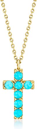 RS Pure by Ross-Simons 2mm Turquoise Cross Pendant Necklace in 14kt Yellow Gold