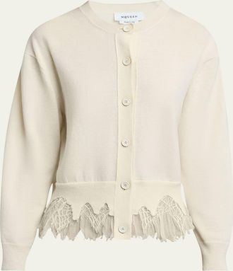 Alexander McQueen Lace-Hem Cashmere Crewneck Cardigan