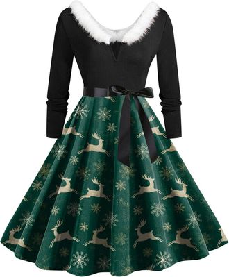 Generic Christmas Dress Women V Neck Long Sleeve Winter Printed Pullover Party Wear Xmas Swing Costume Dresses Womens Christmas Sweatshirt Outfits Swing Dress
