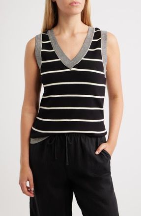 Wit & Wisdom Stripe V-Neck Sweater Vest in Black/Ecru at Nordstrom, Size X-Large