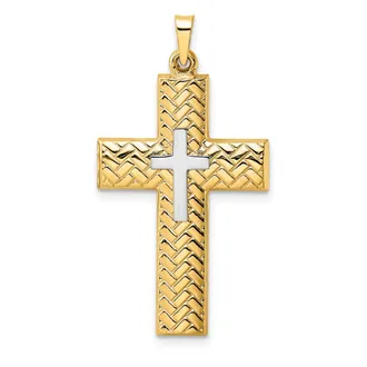 Diamond2Deal 14k Two-tone Gold Polished Hollow Woven Double Cross Pendant