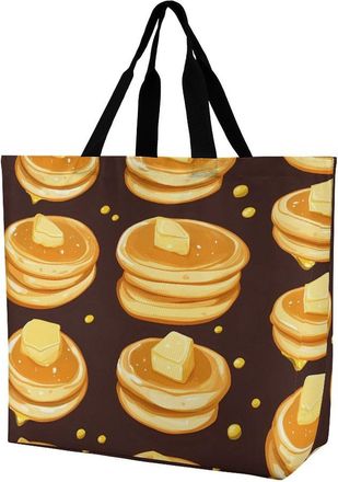 Generic Pancakes Pattern Reusable Shopping Bags One Shoulder Grocery Tote Bag Waterproof Big Purse for Work Travel