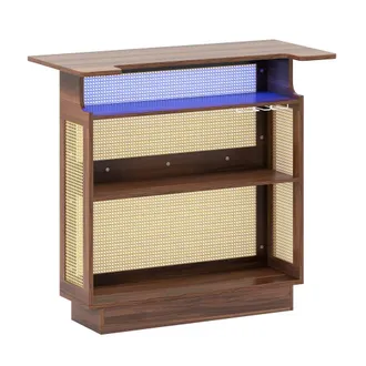 Costway Costway Industrial Home Bar Table w/LED Light &App Control Rattan Dining Table in Brown