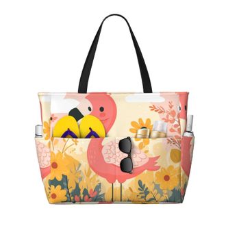 Generic Pink Flamingo Print Large Beach Bag Foldable Travel Shoulder Tote Bag With Pocket For Weekender Pool Vacation
